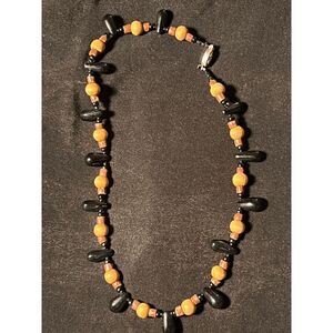 Artisan Vintage 70s Bohemian Wood and Glass Necklace with Chinese Clasp - 17"